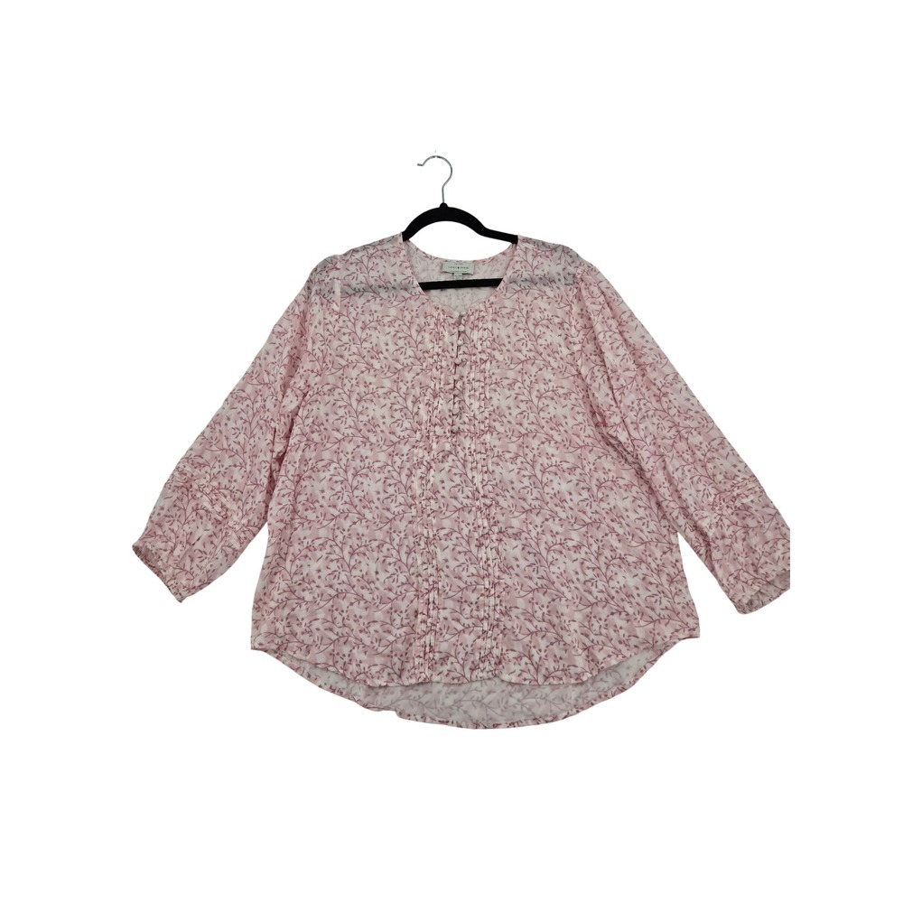 Lucky Brand Pink Floral Pintuck Button Front Cotton Peasant Blouse XL